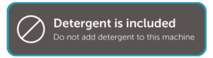 Image of 'detergent is included' sticker shown on the machines.